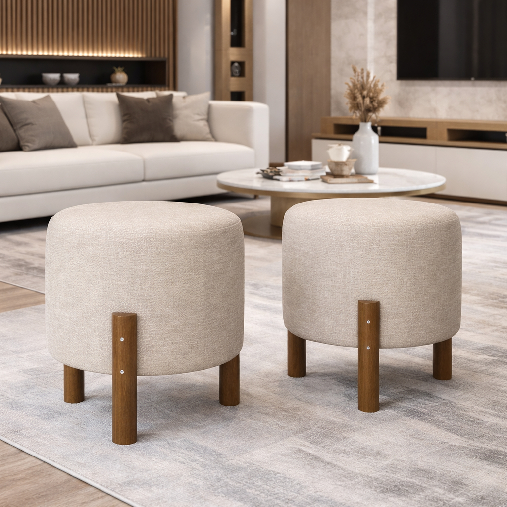 QUEIMA DE ESTOQUE Kit 2 Puff Banqueta Redondo Pés de Madeira Maciça Rustico Quarto Sala Casa Cores em Oferta na Shopee