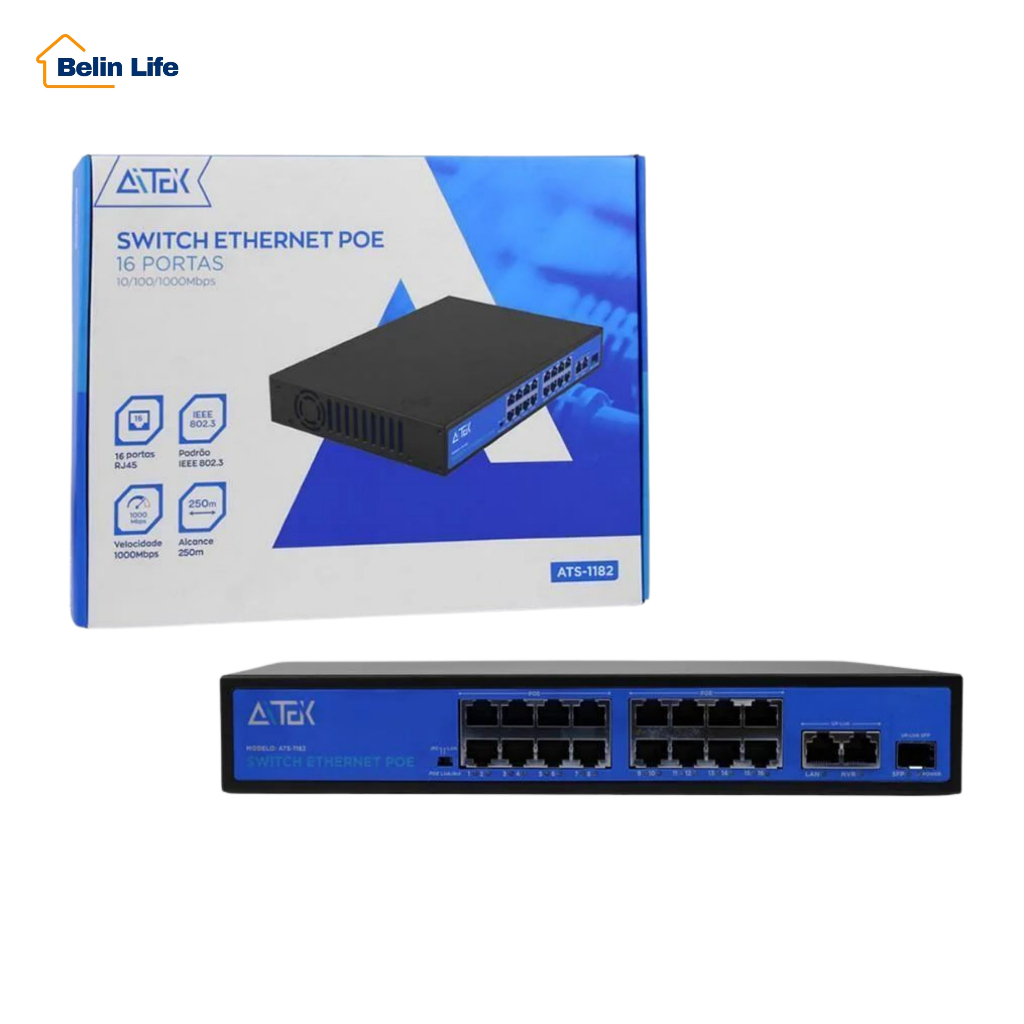 Switch PoE 8 e 16 Portas Gigabit – ATS-182 e ATS-1182 | Ideal para CFTV e Redes