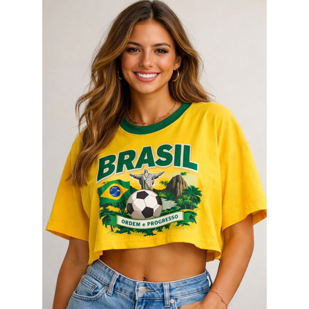 Cropped Feminino Brasil Copa do Mundo Camiseta Estampa DTF Streetwear Moda