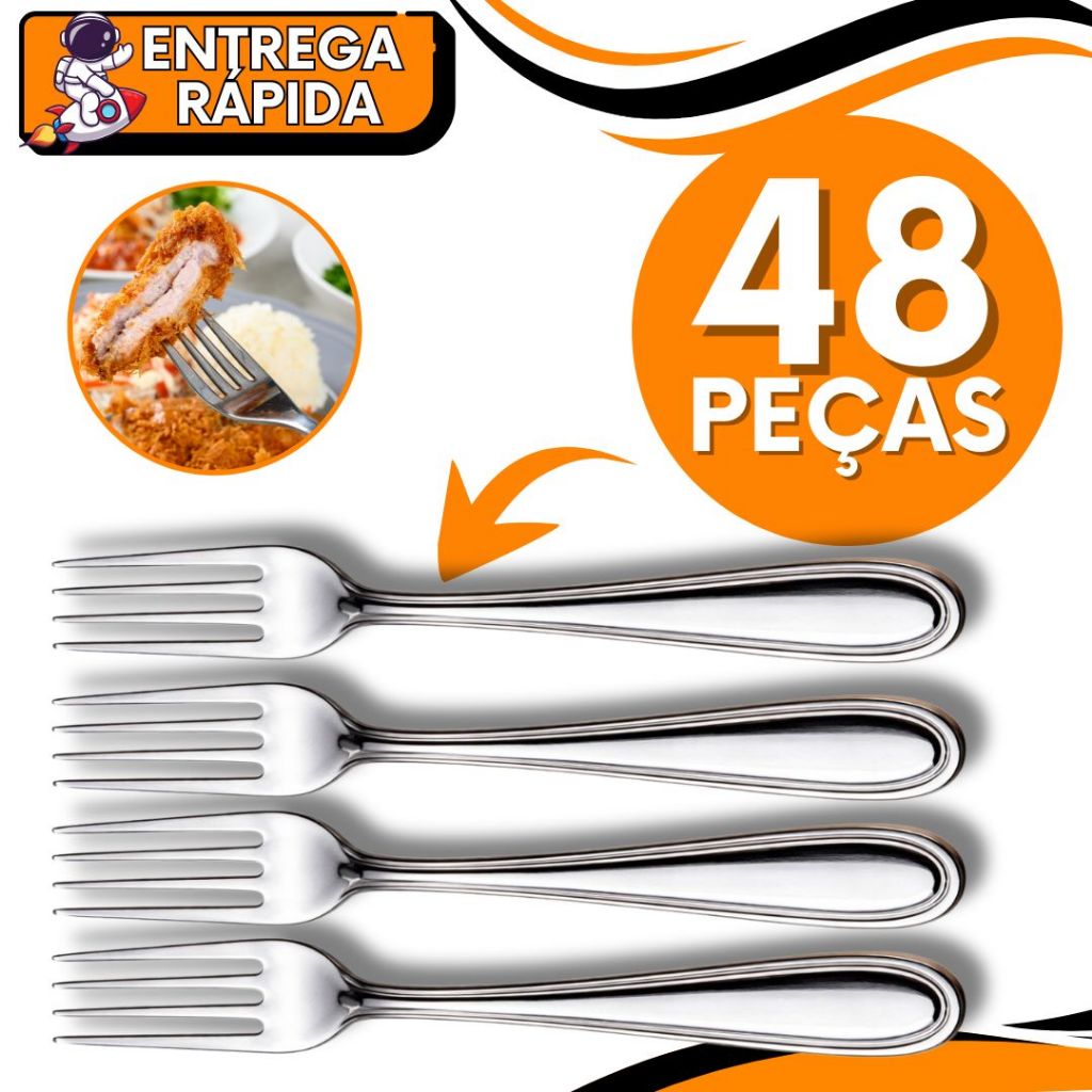 KIT CONJUNTO 48 Garfo de Mesa Carne Risoto Churrasco Aço Inox Talher Utensilio Casa Cozinha Restaurante Pizzaria