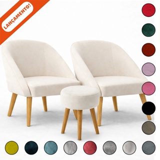 Kit 02 Poltronas Lua e 01 Puff Redondo para Sala Decorativa Pés Palito Suede Aninha Decor em Oferta na Shopee