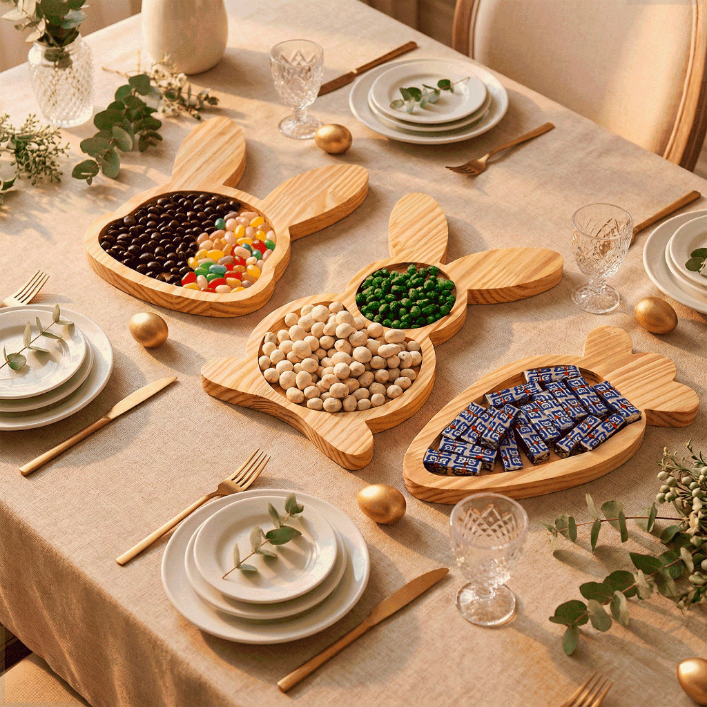 Petisqueiras Tábuas Páscoa Decoração Mesa Posta Coelho Madeira Rústica Servir Frios Doces Chocolate