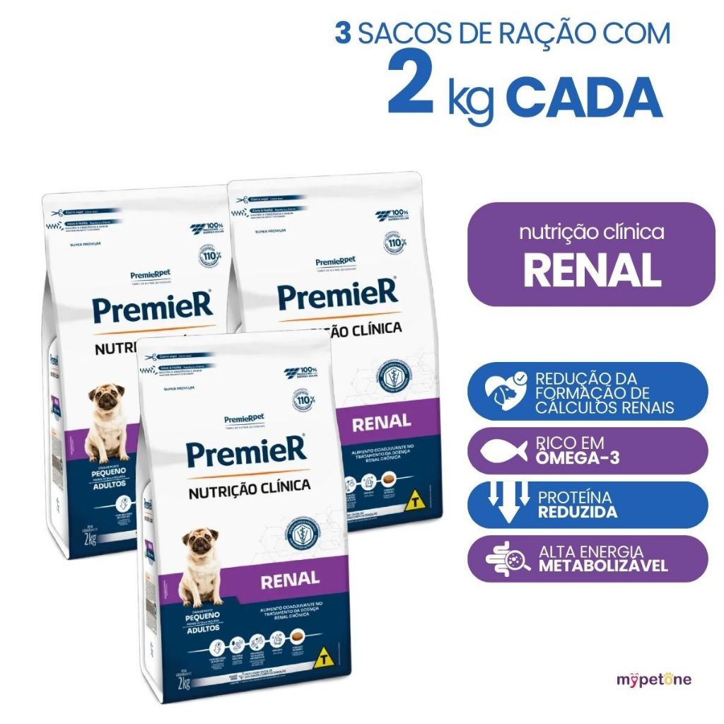Kit 3 Premier Nutrição Clínica Renal Cães Adultos Pequenos 2kg