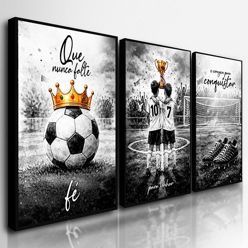 Kit 3 Quadros Decorativo Futebol Infantil – Pequeno Campeão bola chuteira Decoração Quarto Menino
