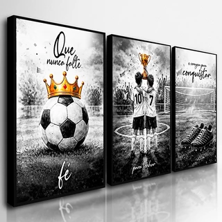 Kit 3 Quadros Decorativo Futebol Infantil – Pequeno Campeão bola chuteira Decoração Quarto Menino