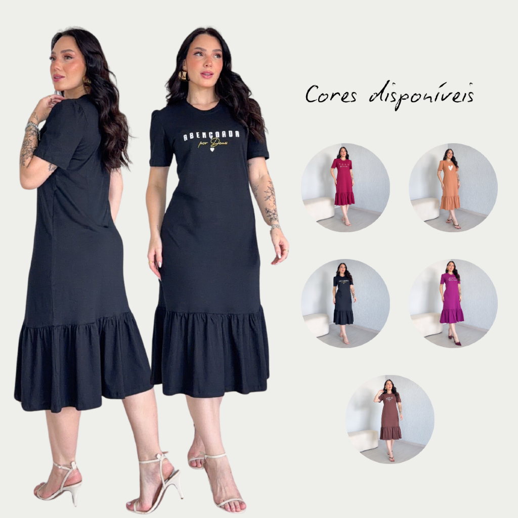 Vestidos Feminino Midi Estampado 100% Algodão Evangélico Manga Bufante Confortável Plissada Barra Maria Casual soltinho