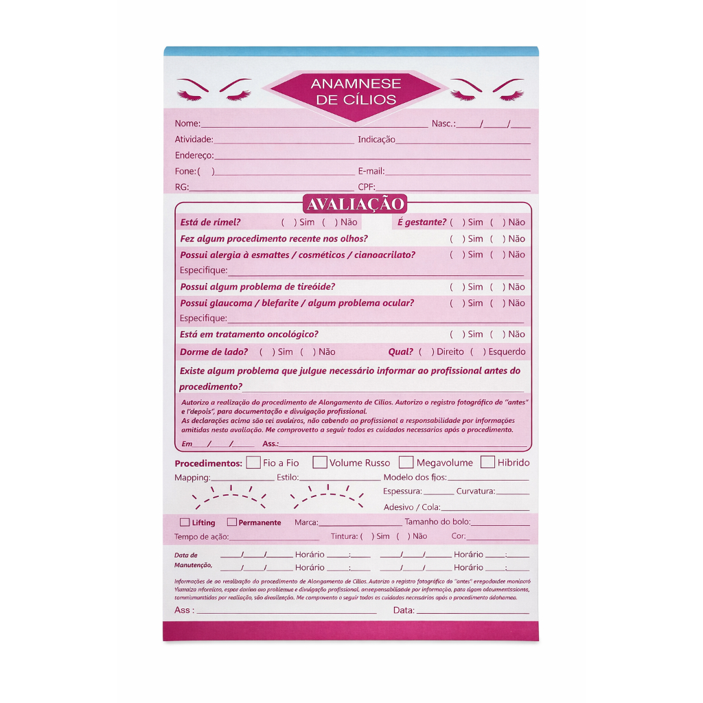 Bloco de Ficha Técnica de Anamnese Alongamento Cílios 100 folhas Completo em Oferta na Shopee