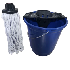 KIT Refil Mop Esfregao Algodao 190g + Balde AZUL 13 Litros Especial Limpeza + Espremedor