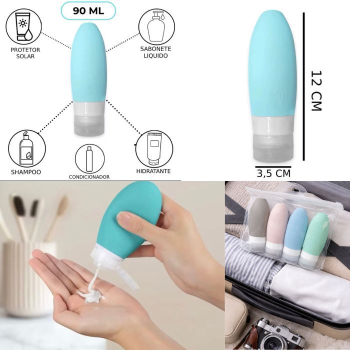 Kit 4 Frasco De Cosmético 90ml Silicone Para Viagem Portatil Shampoo Creme Loçao Sabonete