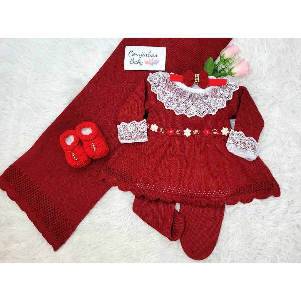 Saída de maternidade menina em tricô /tricot vermelha floral bordada com vestido luxo feminina
