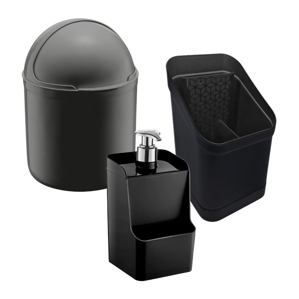 Kit 3 Peças Lixeira 4L, Escorredor de Talheres C/ Divisória P/ Facas, Porta Detergente Cozinha/Kit 2 Peças