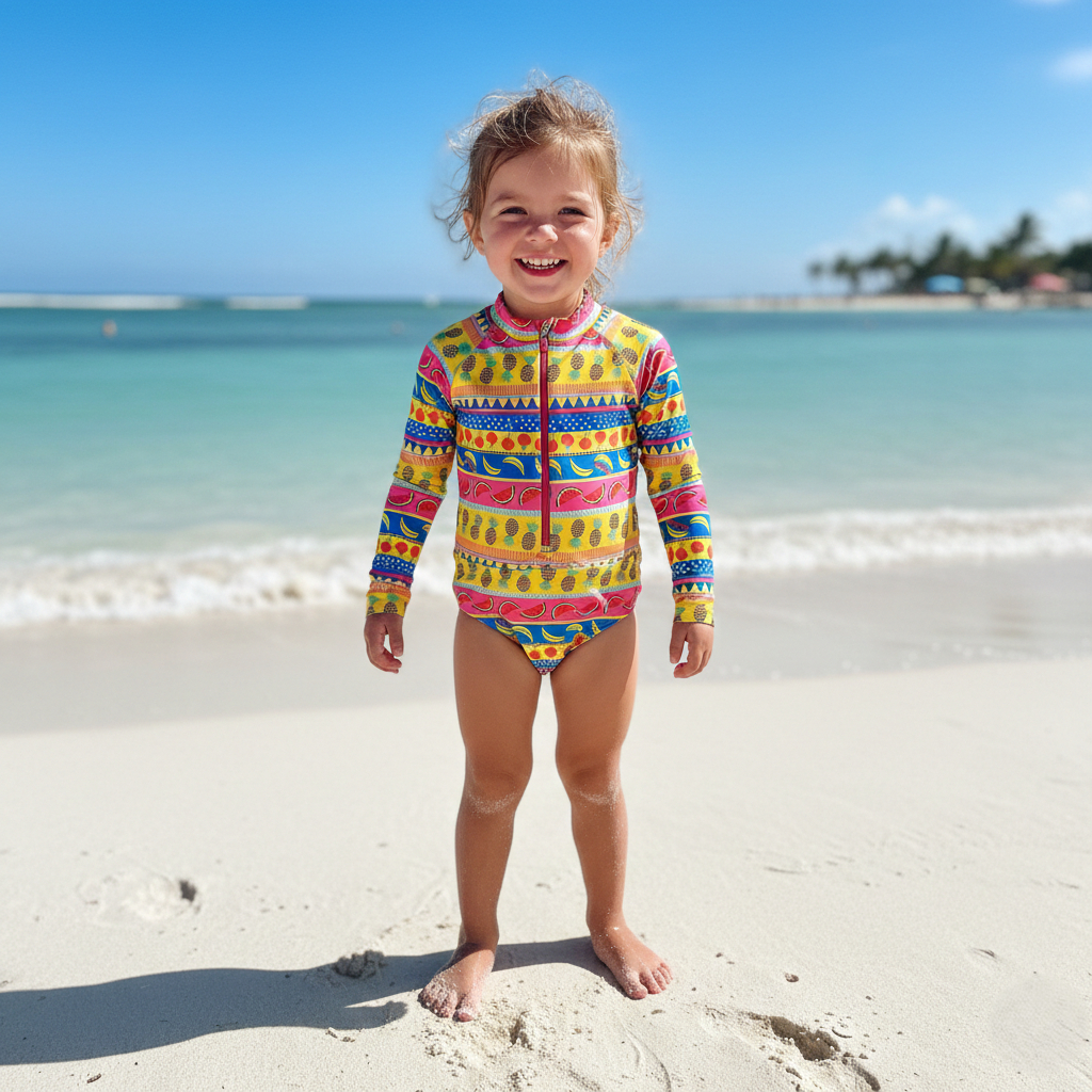 Roupa Praia Menina Infantil Maiô Body Manga Longa UV50+ com Zíper Verão