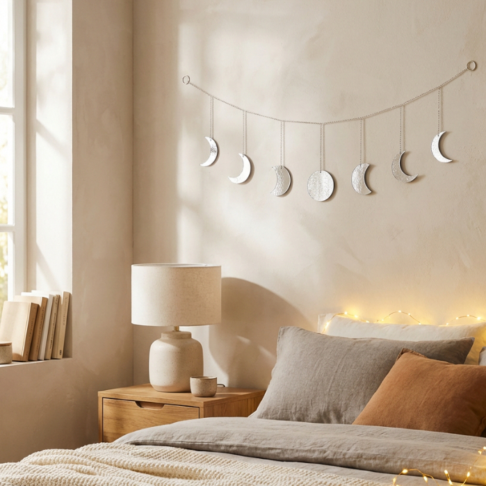 Móbile Fases da Lua Horizontal - Enfeite de Parede para Sala e Quarto Decoração Boho Chic em Oferta na Shopee