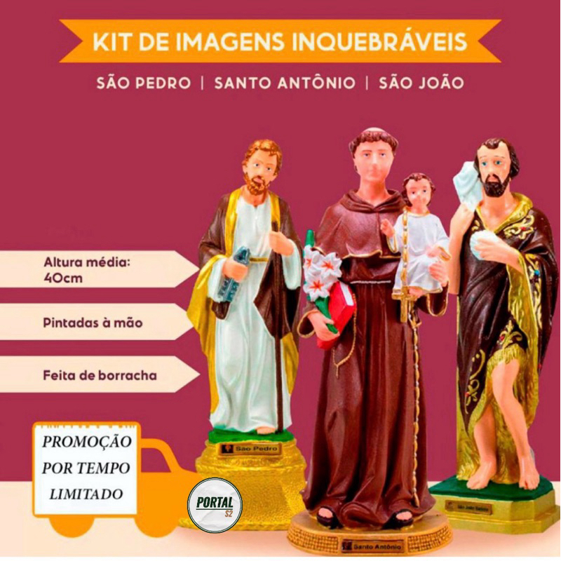 Kit Imagens - São João Batista, São Pedro, Santo Antônio inquebrável 42cm