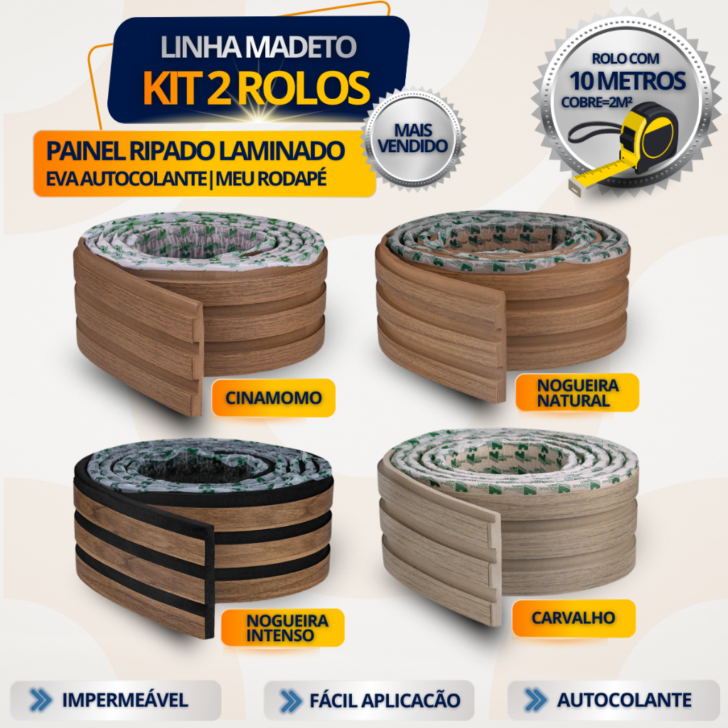 Kit 2 Painel Ripado Autocolante 10m Madeto Meu Rodapé Cobre 2m² Revestimento EVA em Oferta na Shopee