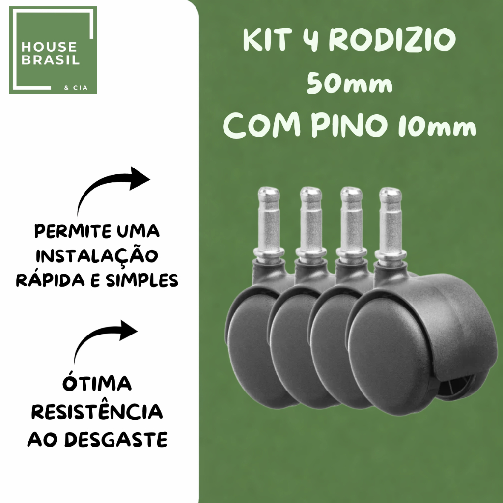Kit 4 Rodízio 50mm e Pino 10mm para Cestos Cadeira de Escritório e Gamer Alta Durabilidade e Encaixe Universal