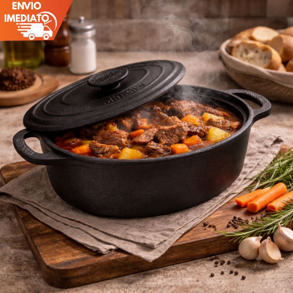 Caçarola Ferro Fundido Oval 3,5L Com Tampa Panela Ferro 26cm Fogão Gás Indução Forno