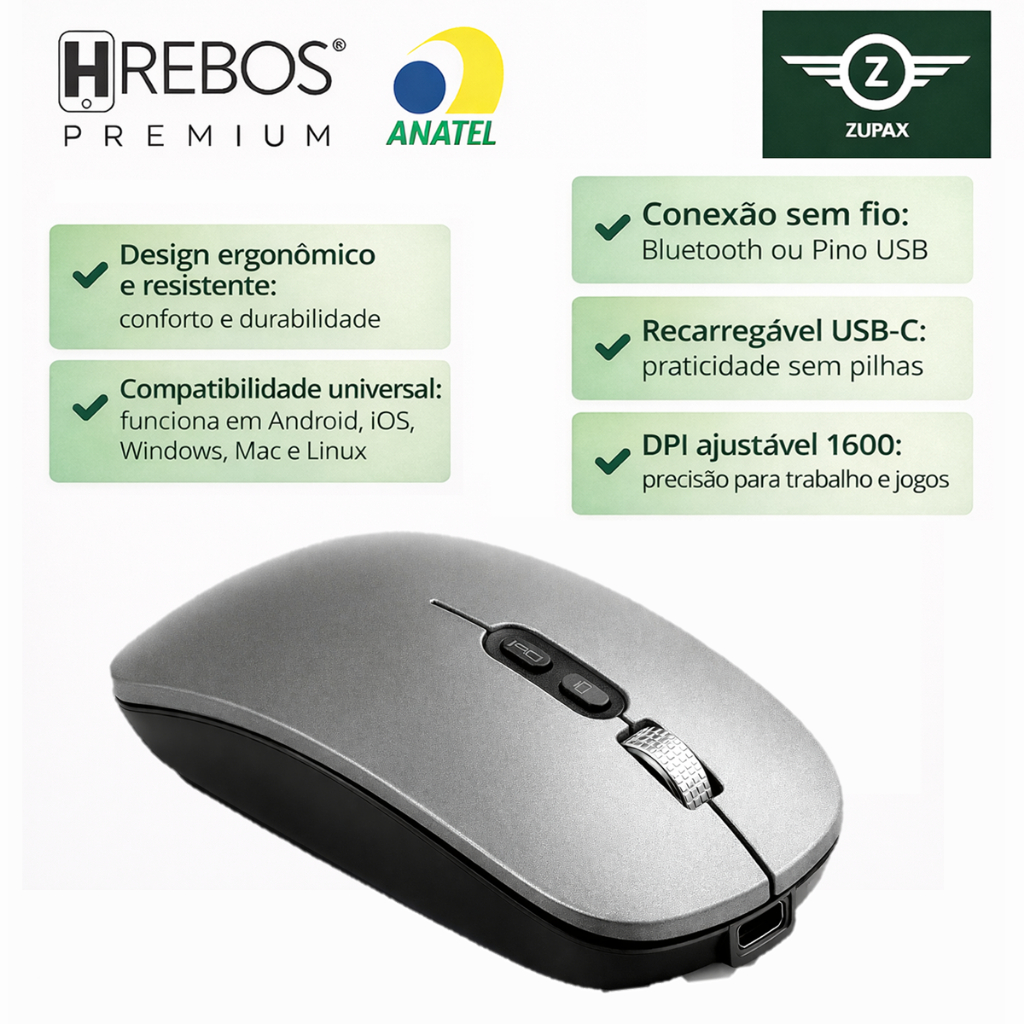 Mouse Sem Fio Recarregável Bluetooth e Pino USB DPI Ajustável Ergonômico Compacto em Oferta na Shopee