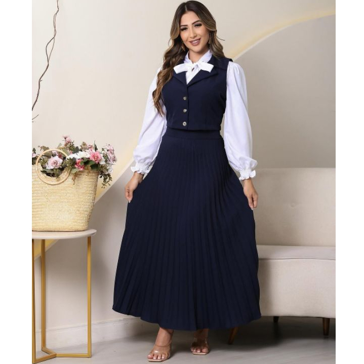 CONJUNTO FEMININO COLETE E SAIA PLISSADA MODA MODESTA - TECIDO SENSORIAL em Oferta na Shopee