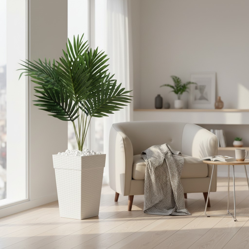 Planta Artificial Arranjo Palmeira Decorativa + Vaso Grande + Pedras Brancas Decoração para Sala
