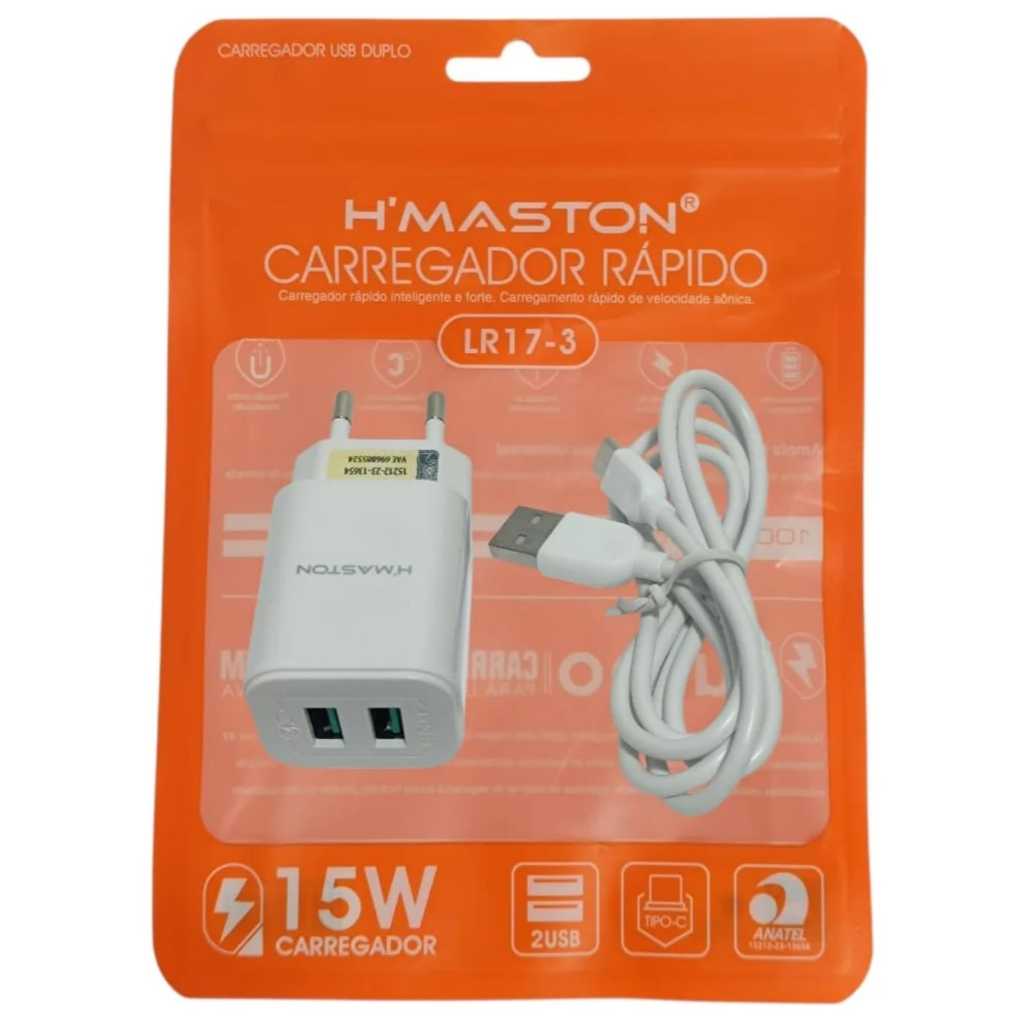 Carregador Rápido 15W 2 USB com Cabo Tipo-C H’Maston LR17-3 – Carregador Turbo Bivolt para Celular
