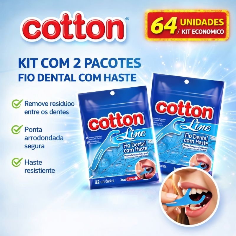 Fio Dental com Haste 32 Unidades Sabor Menta Cotton Line | Flosser Dental Higiene Bucal