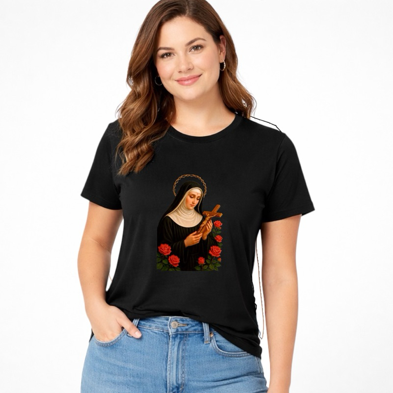 Camiseta  Santa Rita de Cássia e Santa Terezinha – Estampa Religiosa Feminina