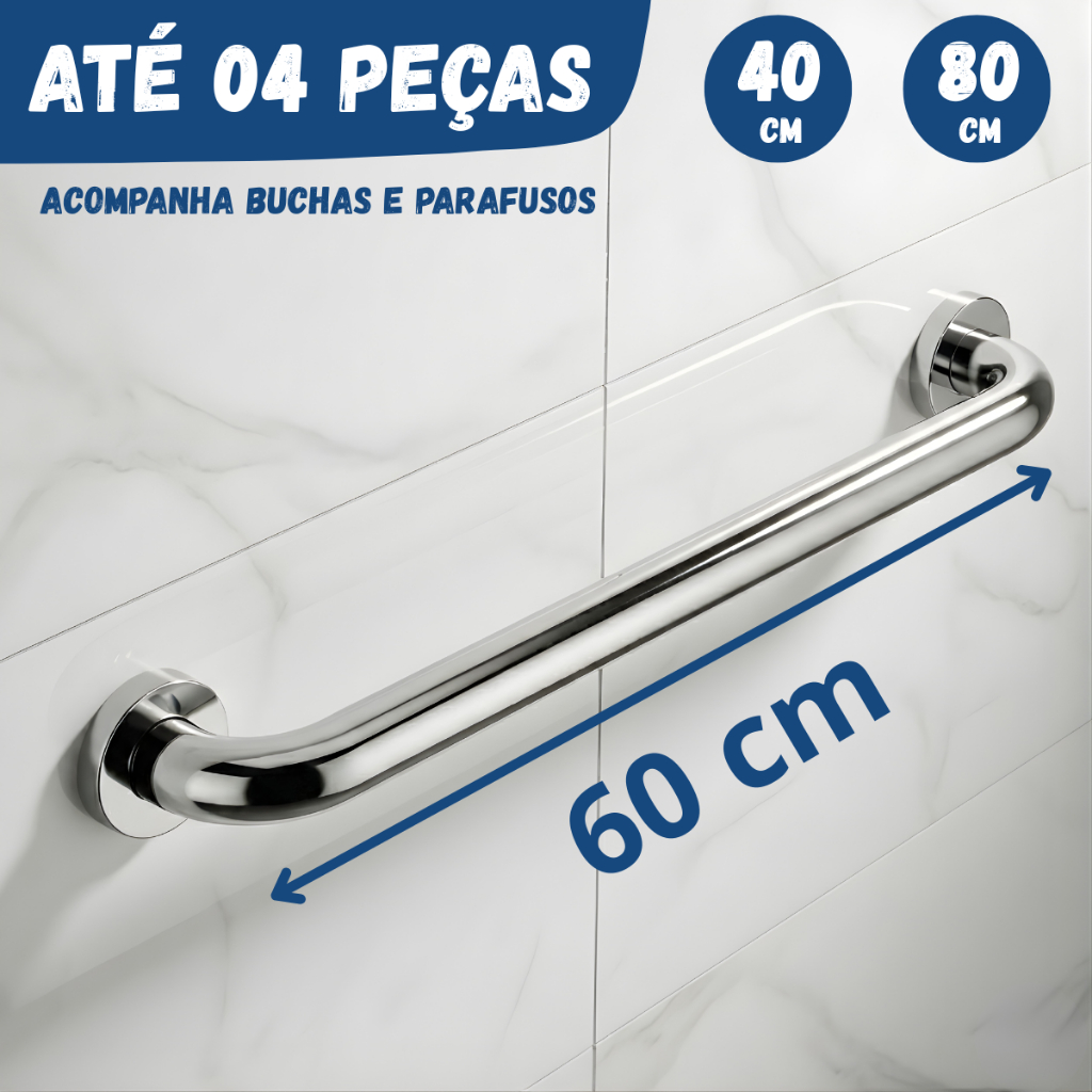 Barra Apoio 60cm 40cm Antiqueda Inox Banheiro Escada Corrimão Acessibilidade Suporte Idosos Alça PCD em Oferta na Shopee