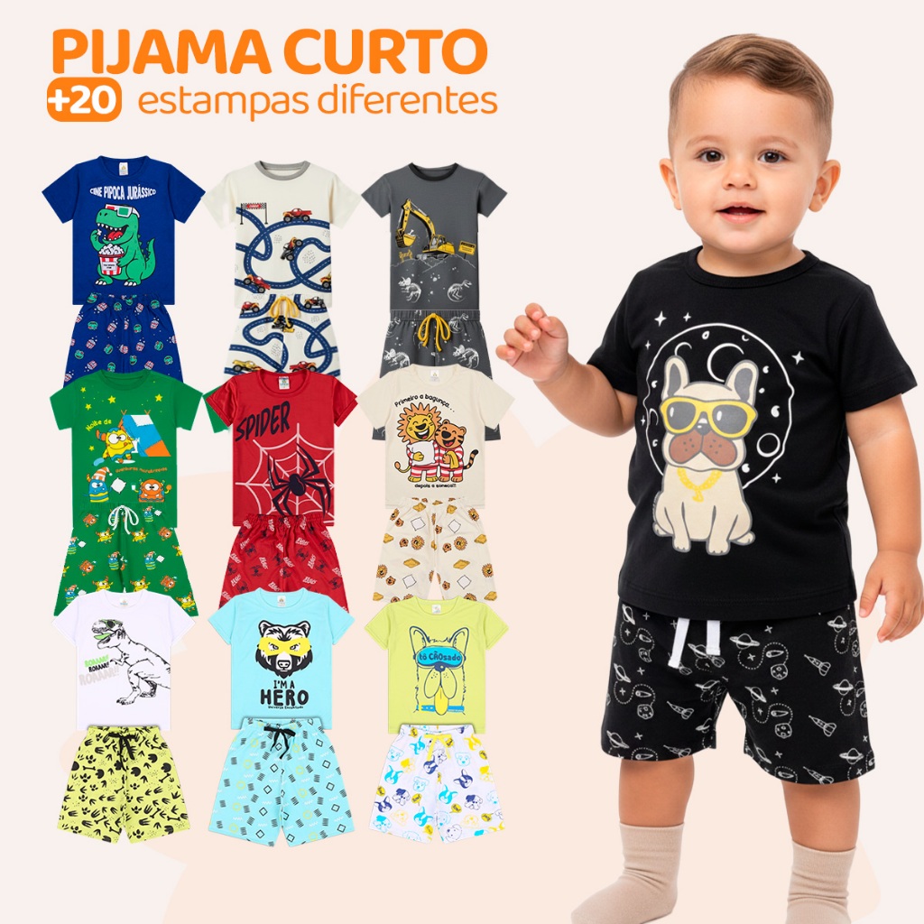 Kit Sortido 6 Peças Pijama Curto Bebê Menino (3 Camisas + 3 Bermudas) Kit 3 Pijamas menino Bebê Roupa Infantil