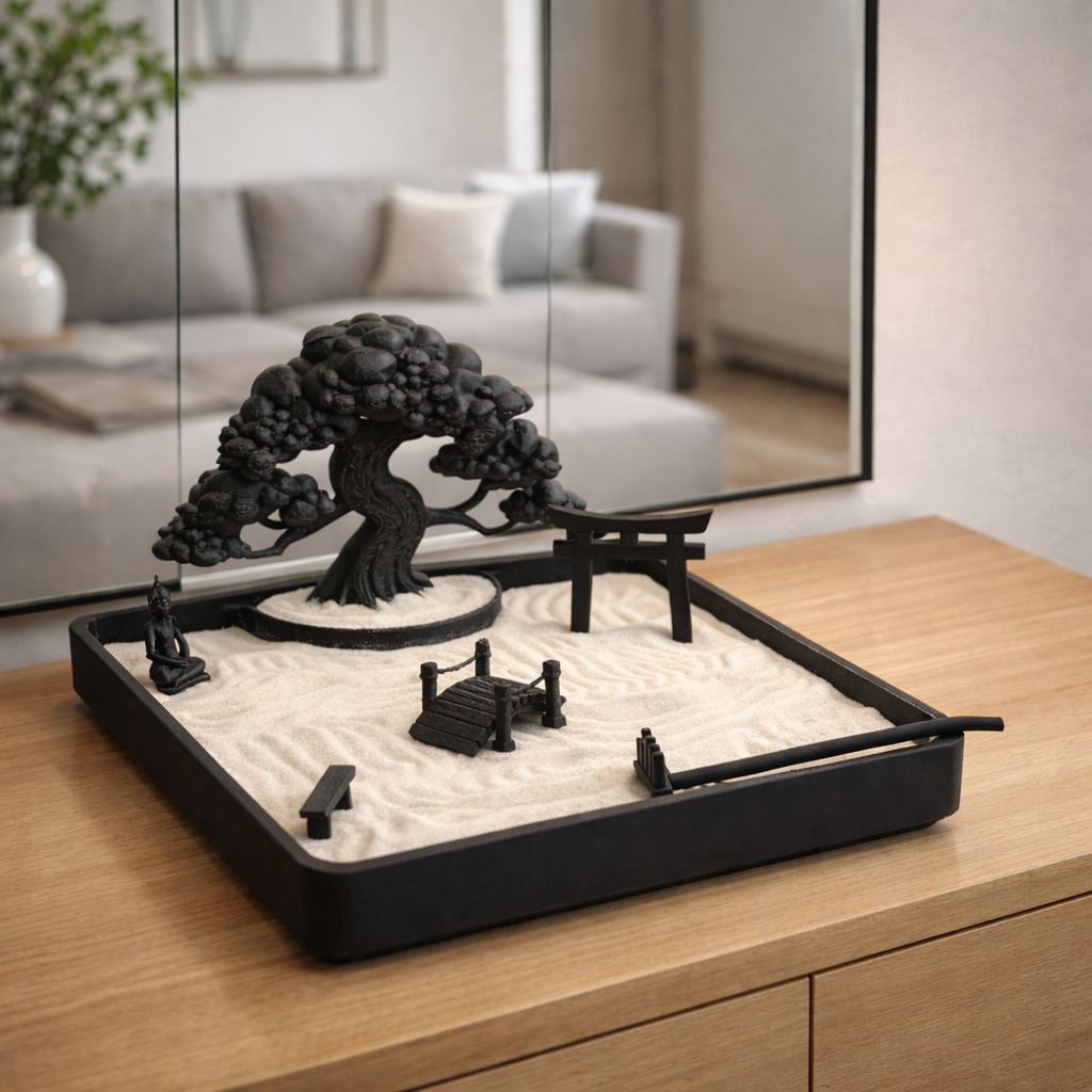Jardim Zen Japonês Completo I Mini Jardim de Mesa com Areia Buda Ponte Torii Bonsai Decoração Zen Relaxante Feng Shui