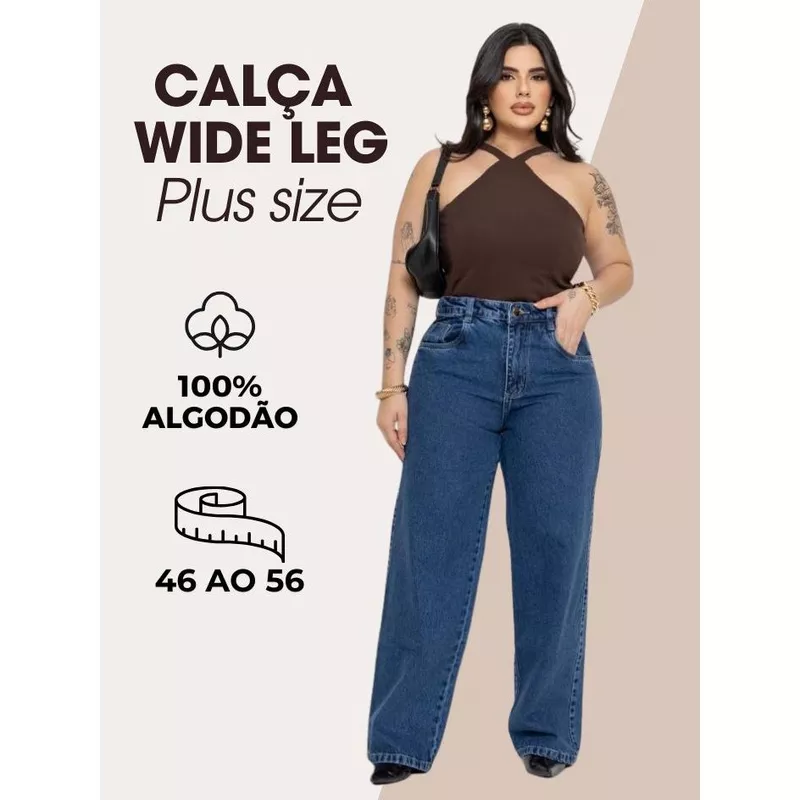 Calça Wide Leg Plus Size Feminina Cintura Alta com Bolsos Funcionais Moderna Confortável e Elegante