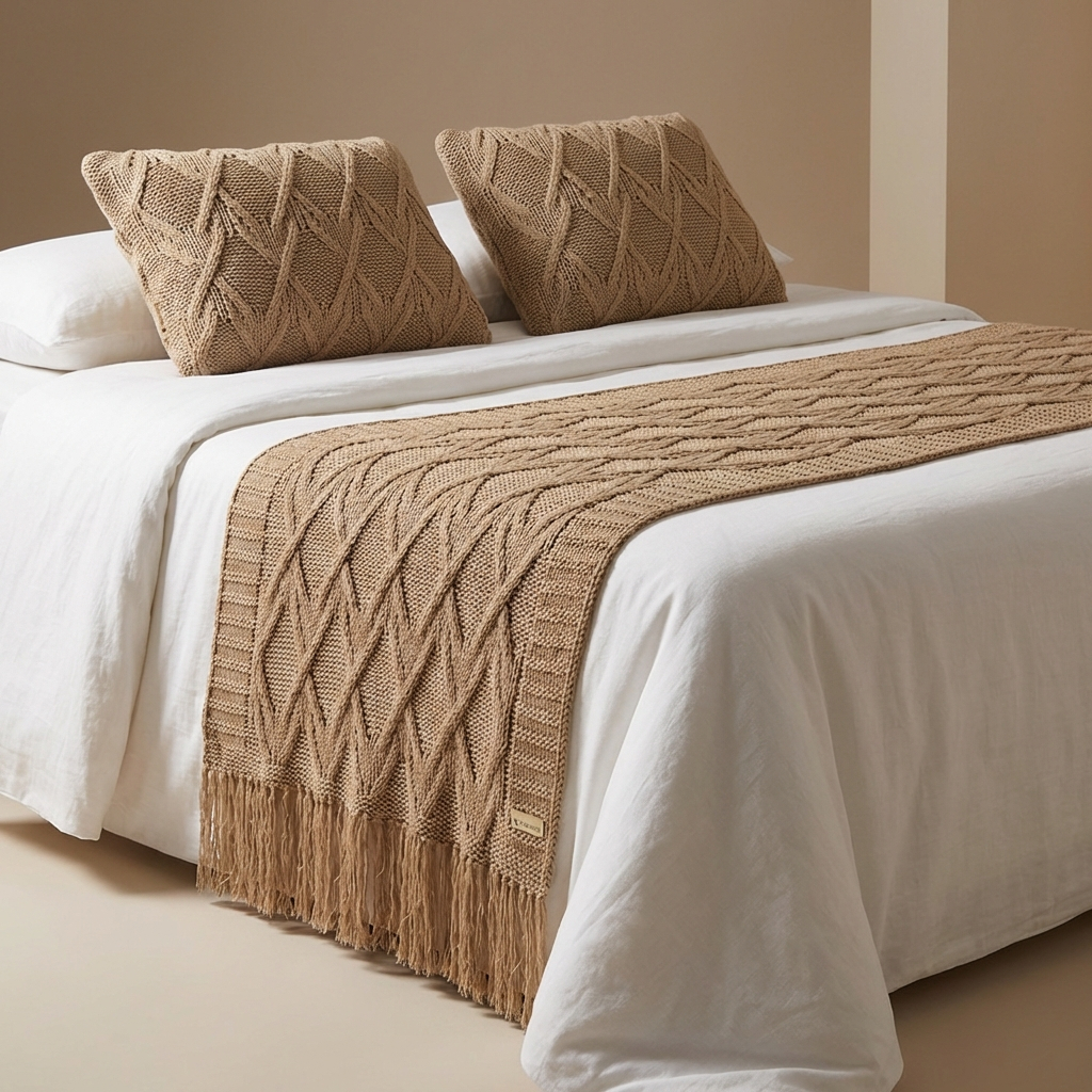 Peseira Manta Tricô Cama Casal Queen Sofá Sala 230x60cm +2 Capa de Almofada 60x40cm L02