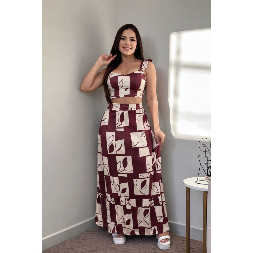 Conjunto De Croped Com Saia Longa Floral Cropd De Alcinha Com Bojo Tendencia Moda Feminina Verao