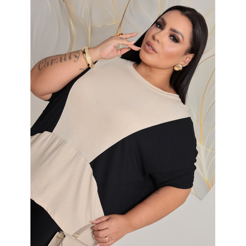 Blusa feminina plus size gola redonda bi color veste G ate G1 moda evangélica confortável