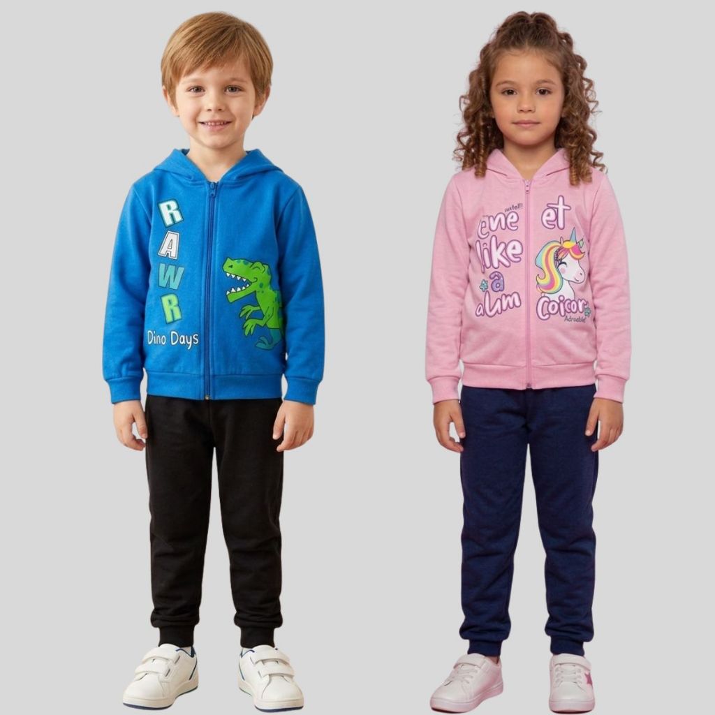 Kit 2 Moletom Infantil Menino e Menina 4 Peças Calça + Casaco 1 ao 8 Capuz Inverno Ziper Ribana