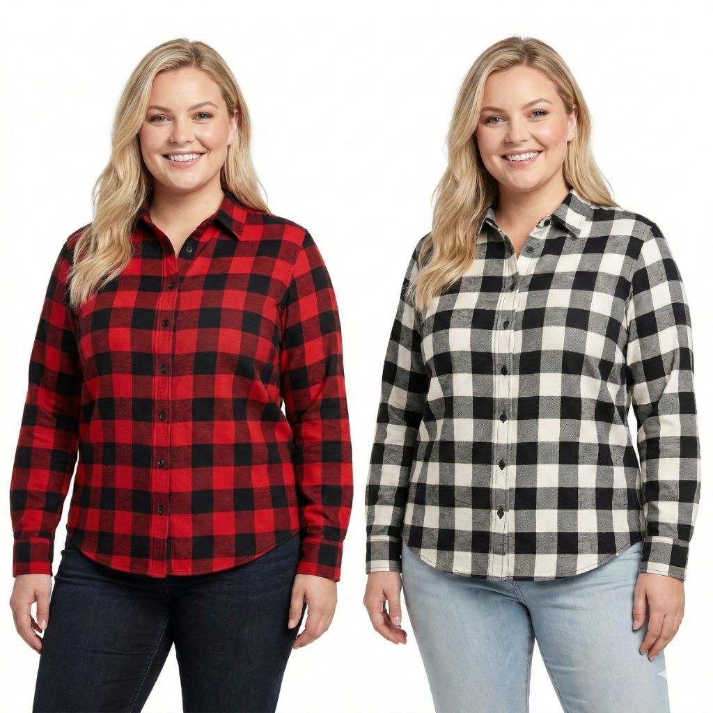 Blusa Feminina Plus Size Camisa Flanelada Xadrez Manga Longa Plus Size Junina Frio Inverno