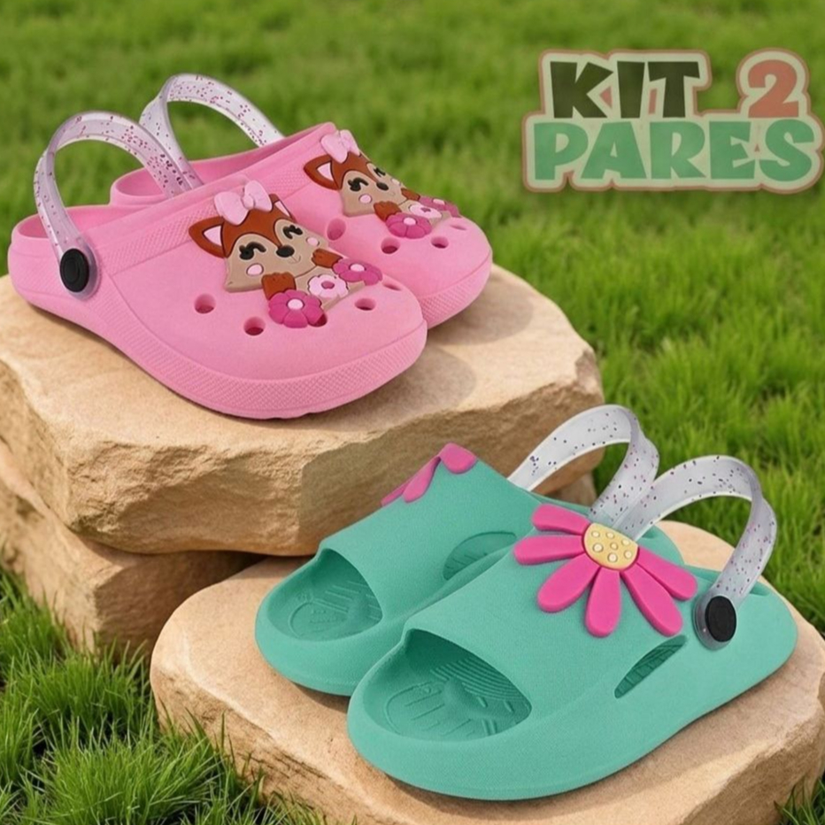 kit 2 pares sandalia babuche menina infantil confortavel papete chinelo