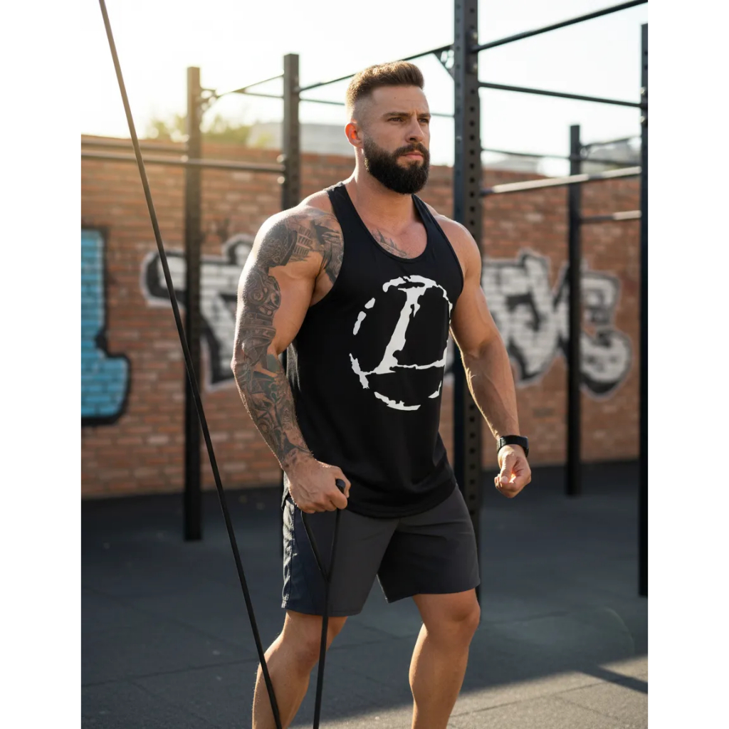 Regata Long Line Lander Suplemento maromba academia treino musculaçao Camiseta preta cavada logo top