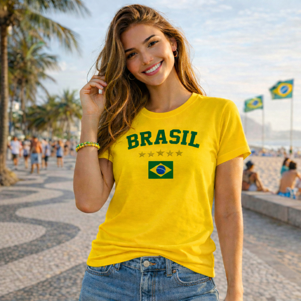 T-Shirt Feminina Brasil Estampada Bandeira Algodão Confortável Camiseta Feminina Seleção Brasileira Envio Imediato