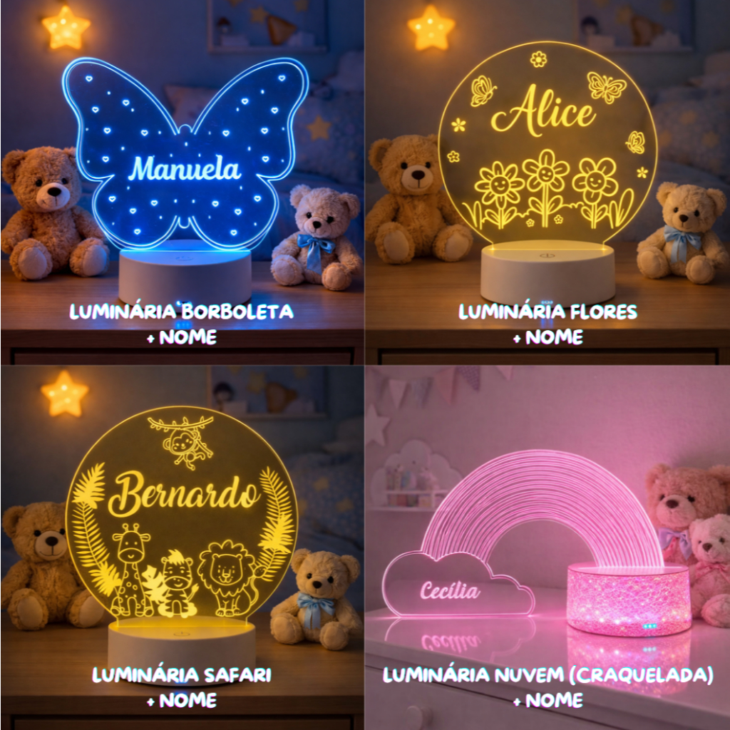 Abajur INFANTIL 3D Acrílico Colorida+CONTROLE - 4 Modelos, Escolhe o SEU! Desenho + Nome