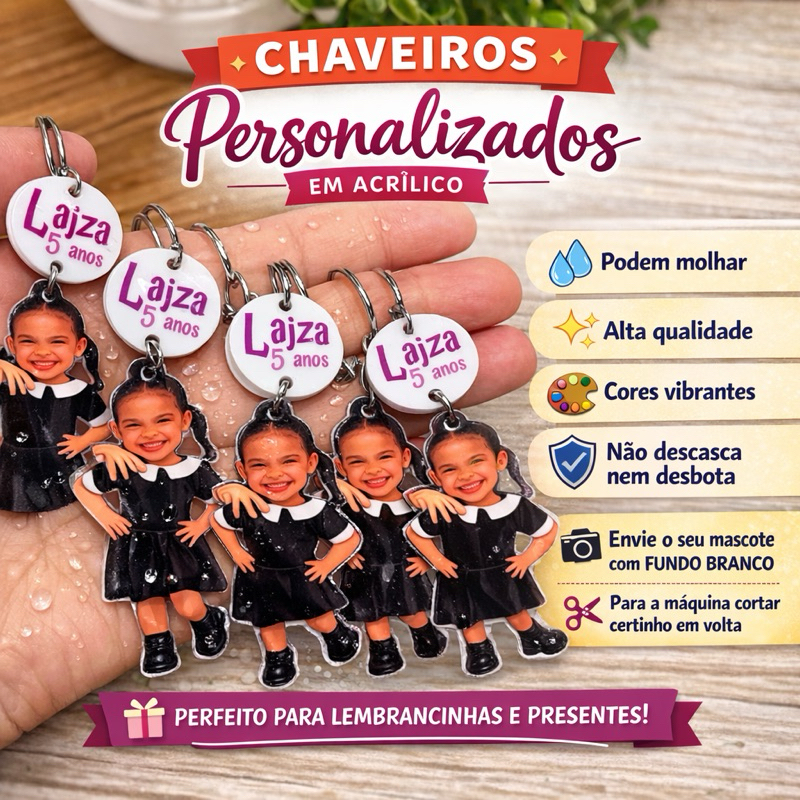 Mascote Caricatura Logotipo Chaveiro com sua arte em acrílico molhavel