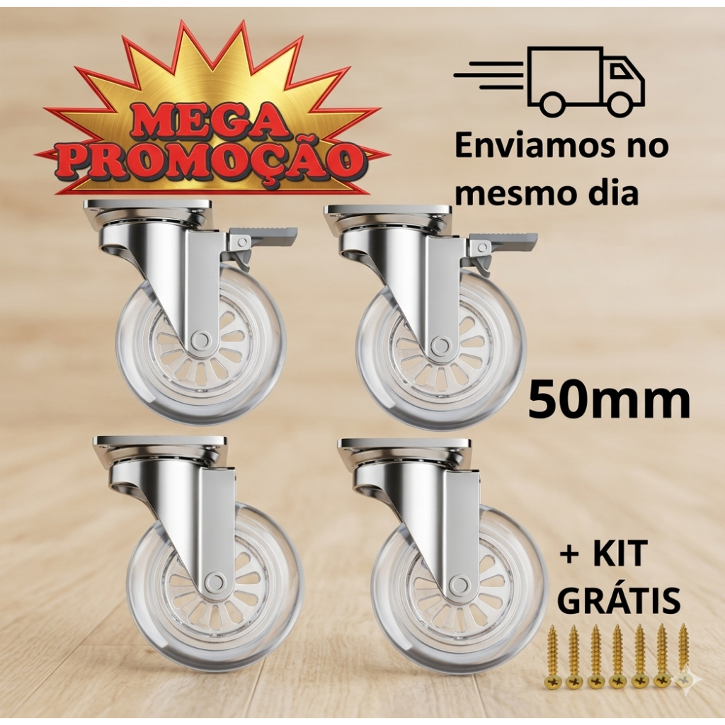 Kit 4 Rodizio 50mm Giratório Rodinha Silicone 2 Com Trava 2 Sem Trava 50kg em Oferta na Shopee