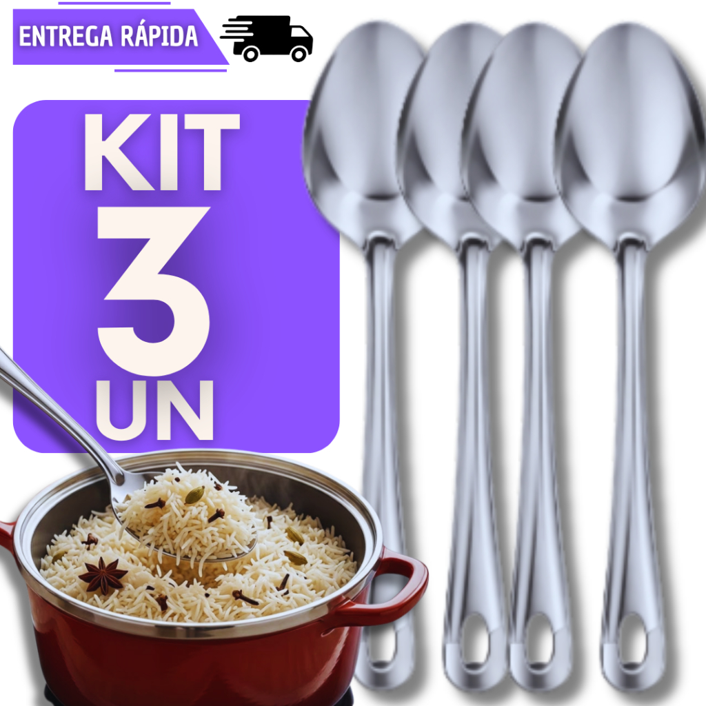 Kit 3 Colher De Servir Arroz Em Aço Inox 25cm Talher Utensílio De Cozinha Resistente Durável Profissional Bar Restaurant