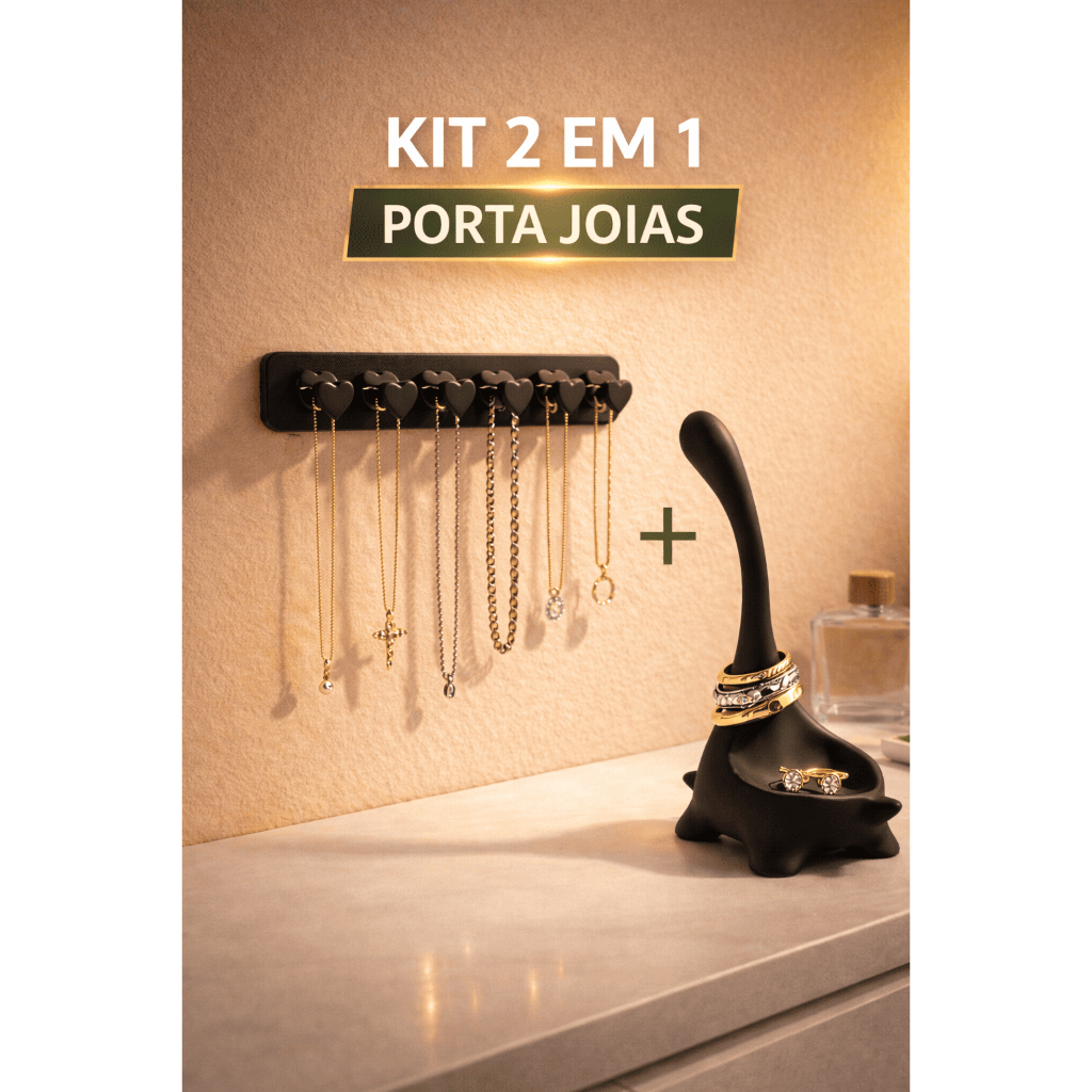 Kit Organizador de Joias 2 Peças Porta Joias de Parede + Suporte para Anéis | Organizador de Colares com Ganch
