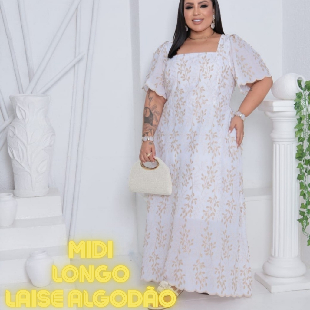 vestido longo feminino luxo plus size festa laise algodão branco e dourado tamanho único 50