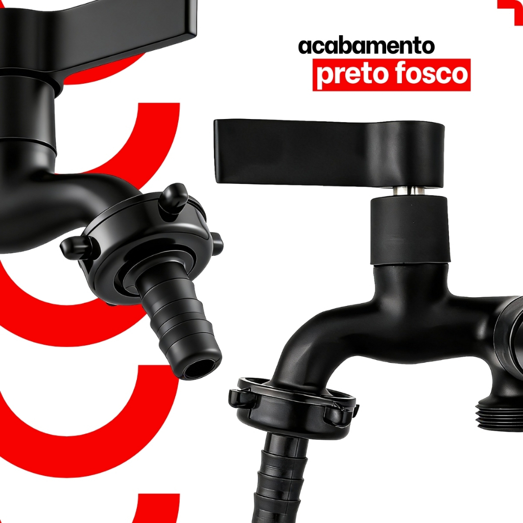 Kit 2 Torneiras Tanque e Máquina de Lavar Metal Preta Com Bico Jardim Dupla Saída Lavanderia Parede