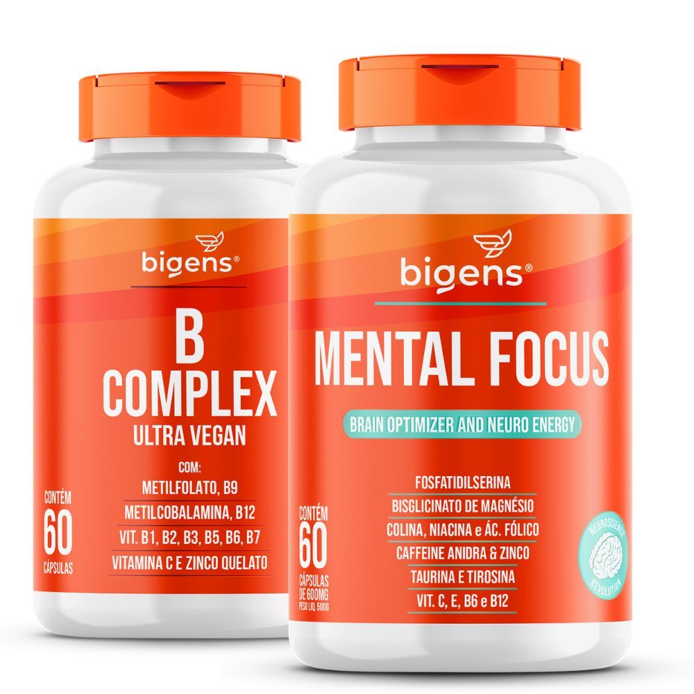 KIT Energia e Foco Mental Bigens | Complexo B Vegano 60 caps + Mental Focus 60 caps Taurina Tirosina Cafeína em Oferta na Shopee