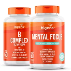 KIT Energia e Foco Mental Bigens | Complexo B Vegano 60 caps + Mental Focus 60 caps Taurina Tirosina Cafeína