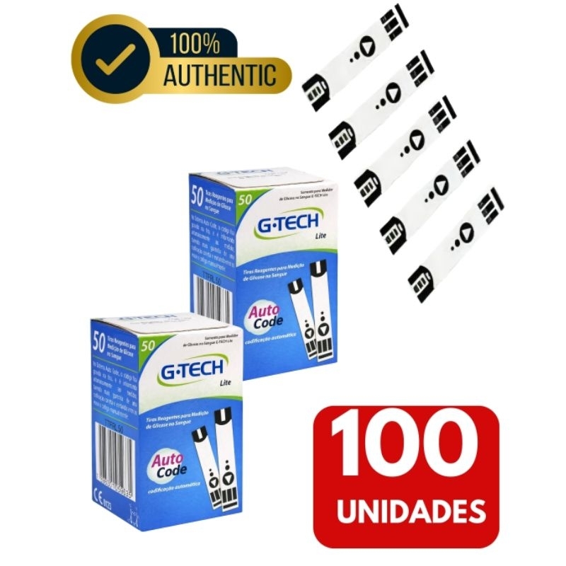 100 Fita de Glicemia G-Tech Lite Original | Teste de Glicose | Compatível Gtech Lite | Alta Precisão