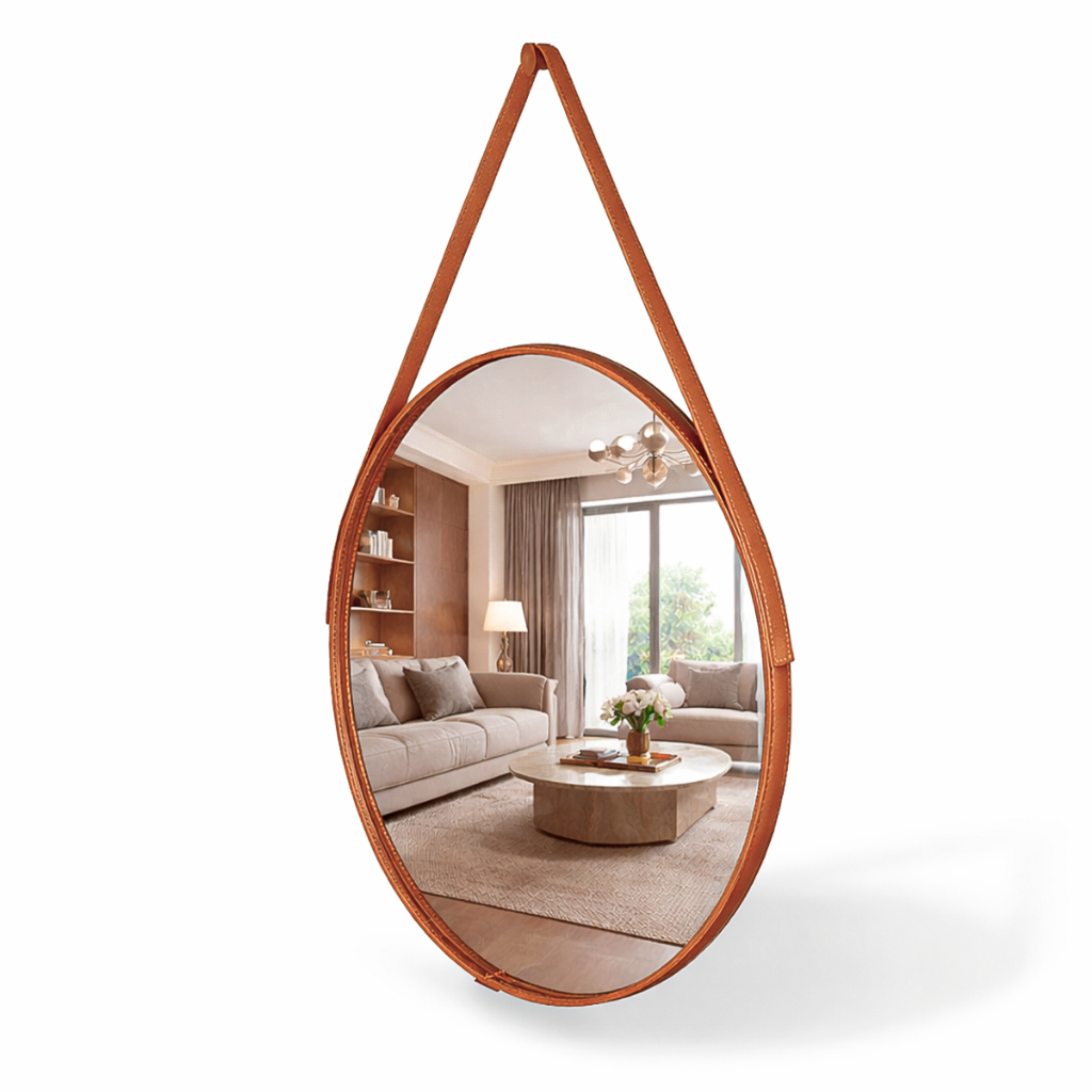 Espelho Redondo Decorativo Adnet Couro Costurado Alça + Suporte 60cm 50cm 40cm 30cm Sala Quarto Banheiro Hall em Oferta na Shopee